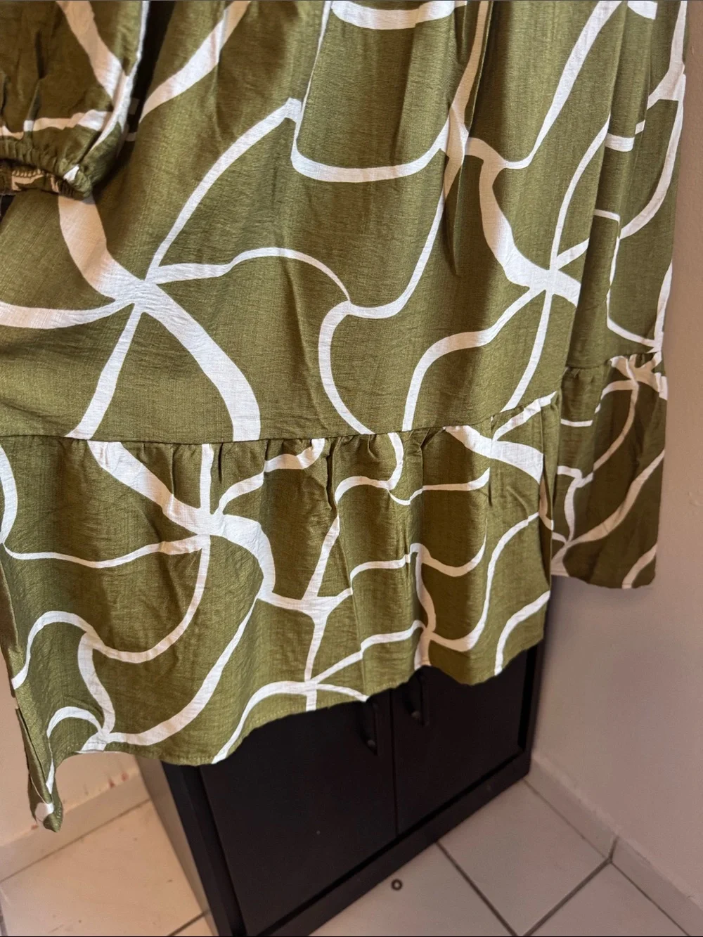 NEW Olive Green Abstract Print V-Neck Tiered Dress